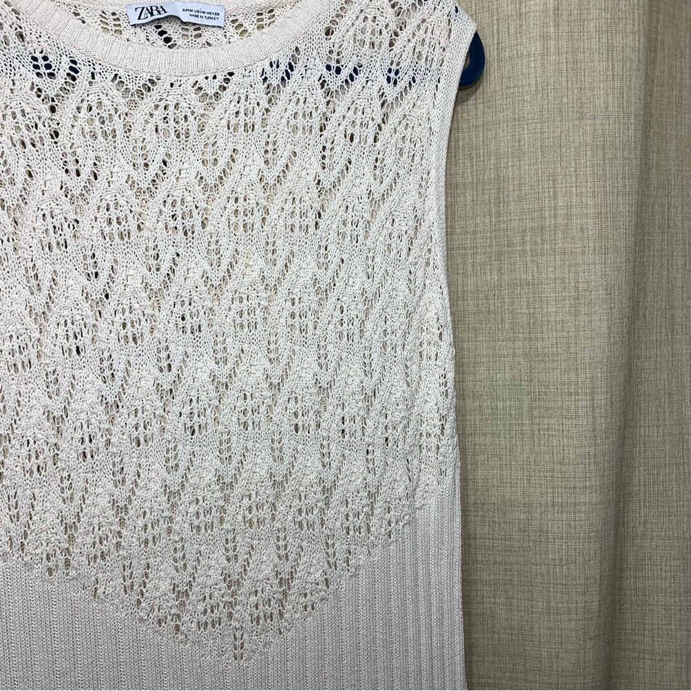 Zara Cream Crochet Knit Maxi Dress Sz M Sleeveless Side Slit Minimalist Coatal - Picture 7 of 14